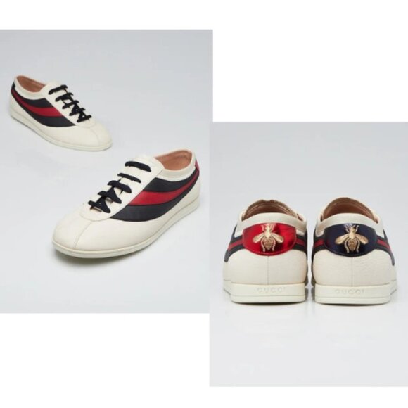 Gucci Falcer Bee embroidered Off White Leather Low Top lace-up Sneakers - Picture 1 of 15